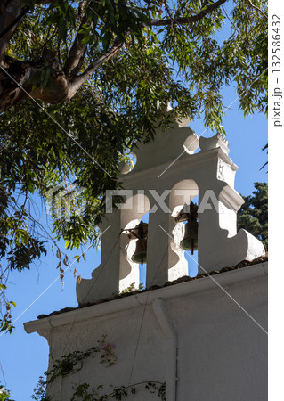 Tower of a church and a tree, Corfu (Korfu), Greece 132586432
