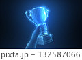 Hand with Trophy cup. Abstract vector 3d trophy isolated on blue background. Champions award, sport victory concept. 132587066