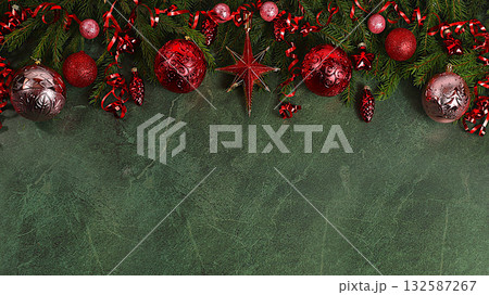 Festive winter greeting card and banner on the screen, beautiful Christmas and New Year background with lights, decorations, toys and live fir branches, product design for holiday advertising, Festive winter greeting card and banner on the screen, beautiful Christmas and New Year background with lights, decorations, toys and live fir branches, product design for holiday advertising, 132587267