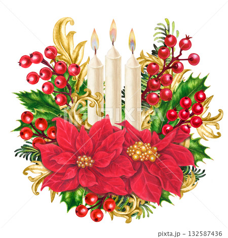 Red poinsettias in a luxurious Christmas bouquet with vintage gold decor and flaming candles gives warmth. This watercolor template for your home, shop, table setting, stickers, scrapbook, gift cards 132587436