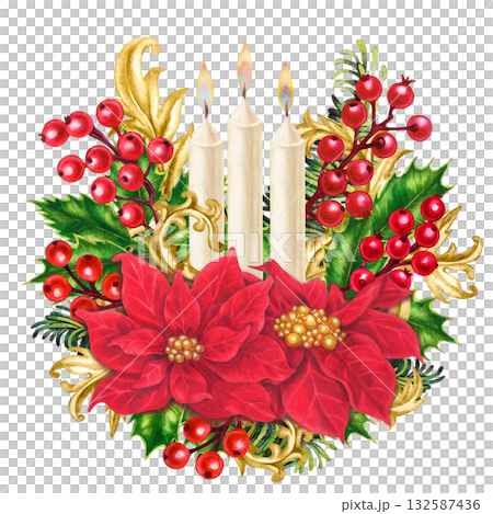Red poinsettias in a luxurious Christmas bouquet with vintage gold decor and flaming candles gives warmth. This watercolor template for your home, shop, table setting, stickers, scrapbook, gift cards 132587436