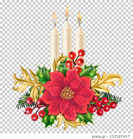 Red poinsettias in a luxurious Christmas bouquet with vintage gold decor and flaming candles gives warmth. This watercolor template for your home, shop, table setting, stickers, scrapbook, gift cards Red poinsettias in a luxurious Christmas bouquet with vintage gold decor and flaming candles gives warmth. This watercolor template for your home, shop, table setting, stickers, scrapbook, gift cards 132587437