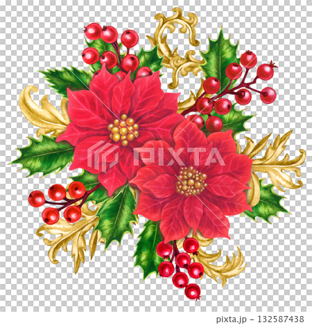 Red poinsettia. Luxurious Christmas bouquet with vintage gold decor. Rich red and green watercolor adds warmth. Flowers, holly berries, fir branches for your home, shop, stickers, scrapbook, gift card 132587438