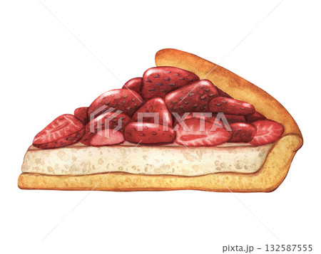 Strawberry pie slice. Watercolor illustration of Strawberry dessert isolated. Hand painted cheesecake with strawberries. Slice of delicious cake with fresh strawberries. Piece of fruit cake 132587555