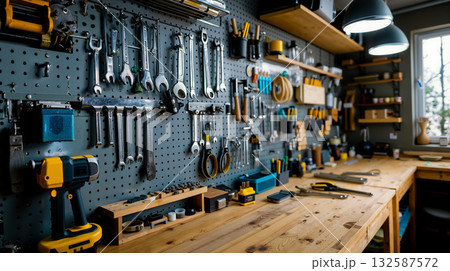 A work room with a lot of tools hanging on the wall 132587572