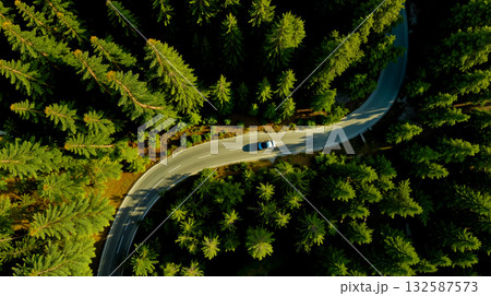 An aerial view of a road surrounded by trees 132587573