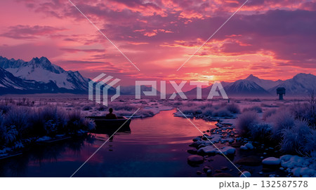 A person in a boat on a river with mountains in the background 132587578