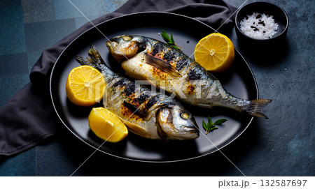 Two fish on a plate with lemons and rice on a table 132587697