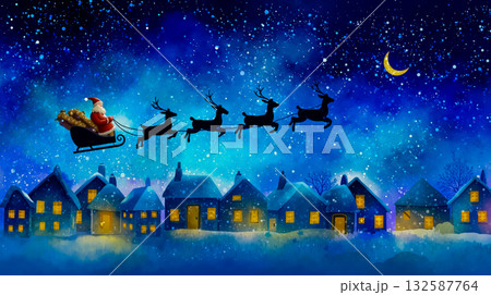 A santa claus flying in a sleigh with reindeers flying over a snowy town A santa claus flying in a sleigh with reindeers flying over a snowy town 132587764
