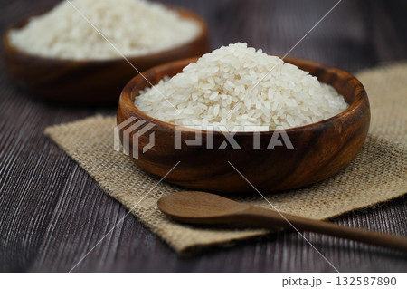 Raw white rice on wooden background. Long uncooked rice in wooden plate. Natural organic food. Traditional Asian cereal culture. Raw white rice on wooden background. Long uncooked rice in wooden plate. Natural organic food. Traditional Asian cereal culture. 132587890
