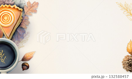 ラテアートと季節のフルーツをレイアウトした上品背景 132588457