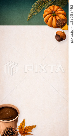 ラテアートと季節のフルーツをレイアウトした上品背景 132588462