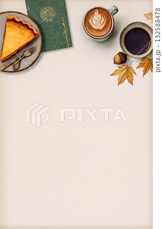 ラテアートと季節のフルーツをレイアウトした上品背景 132588478