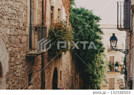 Charming European narrow cozy street. An inviting street scene features old stone buildings with balconies, lush greenery, and ornate vintage lanterns Charming European narrow cozy street. An inviting street scene features old stone buildings with balconies, lush greenery, and ornate vintage lanterns 132588503
