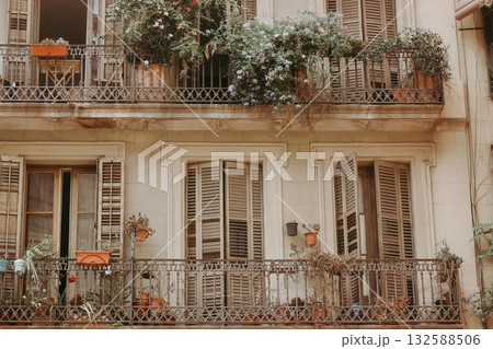Charming balconies adorned with lush greenery and wooden shutters. An inviting facade of a building featuring balconies overflowing with plants, classic wooden shutters adding a touch of elegance. 132588506