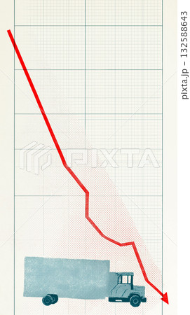 トラック輸送の需要減少を示す赤い下落チャート、物流コスト悪化で利益が落ち込むイメージイラスト 132588643