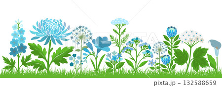 Blue flowers horizontal background grass. Hand drawn. Not AI, vector illustration Blue flowers horizontal background grass. Hand drawn. Not AI, vector illustration 132588659