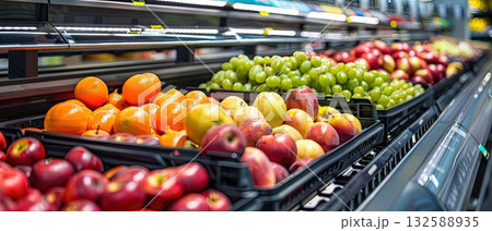 Fresh Fruits Displayed in Grocery Store Produce Aisle Fresh Fruits Displayed in Grocery Store Produce Aisle 132588935