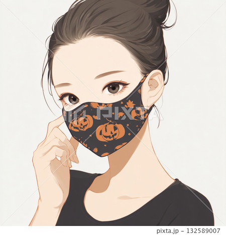 ハロウィン柄のマスクを着けた女性のイラスト（パンプキンデザイン） 132589007