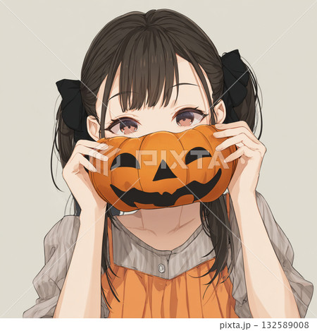ハロウィン柄のマスクを着けた女性のイラスト（パンプキンデザイン） 132589008