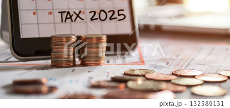 Calendar marked TAX 2025 with stacks of coins on desk 132589131