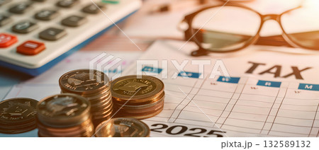 Calendar marked TAX 2025 with stacks of coins on desk 132589132