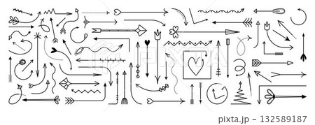 Decorative black line arrows doodle set, vector monochrome navigation symbols. Linear signs in different shapes and directions, flat contour infographic elements Decorative black line arrows doodle set, vector monochrome navigation symbols. Linear signs in different shapes and directions, flat contour infographic elements 132589187