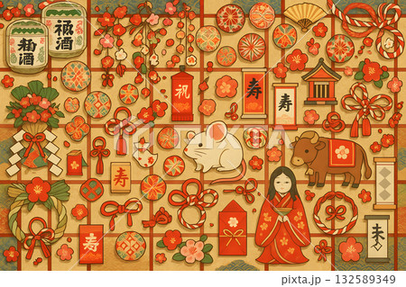 Ornamental Japanese Festival Composition with Kimono, Fans, Lanterns, Sake Barrels and Patterned Decorations in Warm Textured Background Ornamental Japanese Festival Composition with Kimono, Fans, Lanterns, Sake Barrels and Patterned Decorations in Warm Textured Background 132589349