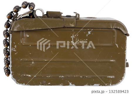 Ammo box with ammunition belt and 7.62 mm cartridges for kalashnikov PK or PKM machine gun isolated on white. Ammo box with ammunition belt and 7.62 mm cartridges for kalashnikov PK or PKM machine gun isolated on white. 132589423