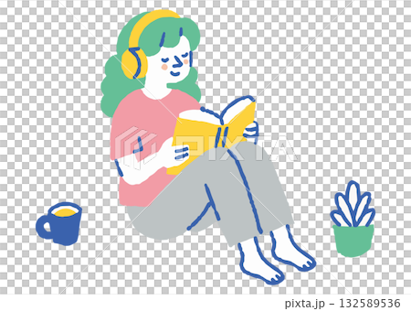 戴著耳機閱讀的女人_彩色 132589536