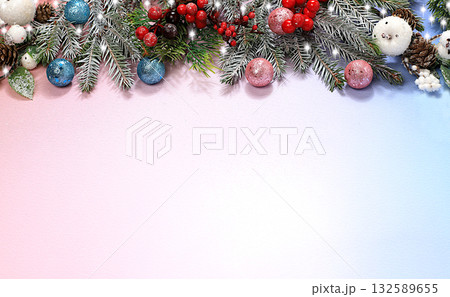 Beautiful Christmas and New Year background with lights, decorations, toys with fir branches with place for text. Holiday card, banner on screen, product setup for holiday advertising, Beautiful Christmas and New Year background with lights, decorations, toys with fir branches with place for text. Holiday card, banner on screen, product setup for holiday advertising, 132589655
