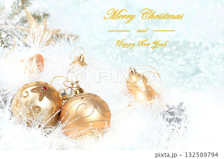 Christmas background and New Year 2024 concept, beautiful holiday decorations on a bright background with greeting text, postcard, winter banner for screen with place for text, selective focus 132589794