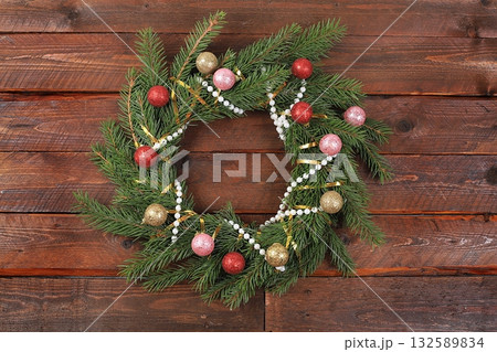 Christmas wreath, Xmas and New Year background, festive decorations, fir branches and red rowan berries, banner, place for text. New Year Card, Internet Content Advertising 132589834