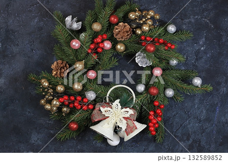 Christmas wreath, Xmas and New Year background, festive decorations, fir branches and red rowan berries, banner, place for text. New Year Card, Internet Content Advertising 132589852