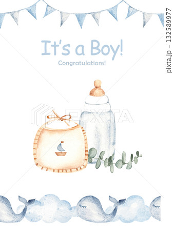 Watercolor baby shower invitation, card template for a boy with milk bottle, bib, and whale sea border in vintage style. Ideal for newborn celebration, gender birth party, its a boy card. Watercolor baby shower invitation, card template for a boy with milk bottle, bib, and whale sea border in vintage style. Ideal for newborn celebration, gender birth party, its a boy card. 132589977