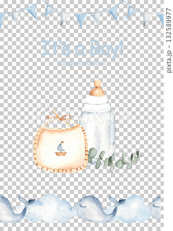 Watercolor baby shower invitation, card template for a boy with milk bottle, bib, and whale sea border in vintage style. Ideal for newborn celebration, gender birth party, its a boy card. Watercolor baby shower invitation, card template for a boy with milk bottle, bib, and whale sea border in vintage style. Ideal for newborn celebration, gender birth party, its a boy card. 132589977