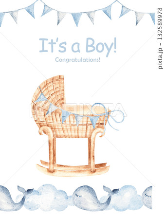 Watercolor baby shower invitation for a baby boy with wicker cradle, blue bunting, and whale sea border. Perfect template for newborn celebration or baby party, its a boy card. Watercolor baby shower invitation for a baby boy with wicker cradle, blue bunting, and whale sea border. Perfect template for newborn celebration or baby party, its a boy card. 132589978