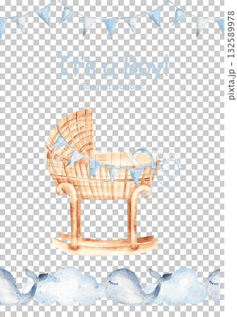 Watercolor baby shower invitation for a baby boy with wicker cradle, blue bunting, and whale sea border. Perfect template for newborn celebration or baby party, its a boy card. Watercolor baby shower invitation for a baby boy with wicker cradle, blue bunting, and whale sea border. Perfect template for newborn celebration or baby party, its a boy card. 132589978