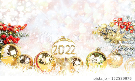 Christmas composition and new year 2022 concept, beautiful holiday decorations on light background with defocused snow and lights, postcard, winter banner for screen with place for text, 132589979