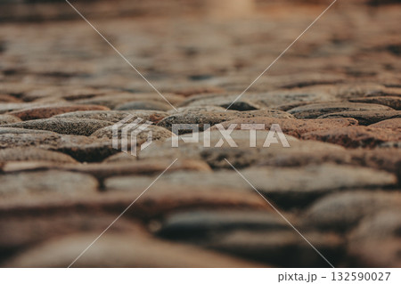 Cobblestone street. This image showcases a detailed view of a cobblestone street. The focus is sharp on the foreground, with a blurred background. 132590027
