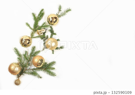 Christmas and New Year mockup for design, screen banner, festive background with fir branches, pine cones and decorations with place for text, postcard, selective focus Christmas and New Year mockup for design, screen banner, festive background with fir branches, pine cones and decorations with place for text, postcard, selective focus 132590109