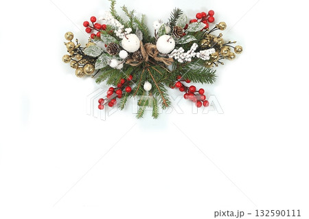Happy New Year 2023. Christmas decorations on a white background, balls and fir branches with lights and snow, greeting cards, banner for display with place for text, template for design, Happy New Year 2023. Christmas decorations on a white background, balls and fir branches with lights and snow, greeting cards, banner for display with place for text, template for design, 132590111