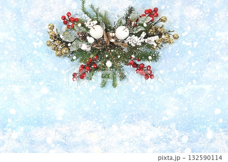 Happy new year 2023. Christmas decorations, creative background with Christmas decorations, balls and fir branches with lights and snow, greeting cards, display banner with place for text, Happy new year 2023. Christmas decorations, creative background with Christmas decorations, balls and fir branches with lights and snow, greeting cards, display banner with place for text, 132590114