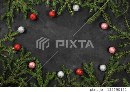 Christmas composition and new year 2023 concept, beautiful holiday decorations on light background, postcard, new year mockup for design and product showcase, banner on winter screen 132590122