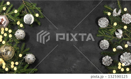 Christmas composition and new year 2023 concept, beautiful holiday decorations on light background, postcard, new year mockup for design and product showcase, banner on winter screen 132590125
