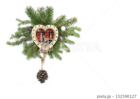 Beautiful holiday decoration isolated on light background,Christmas template for design,Christmas composition and new year 2023 concept,banner for winter screen with place for text,selective focus 132590127