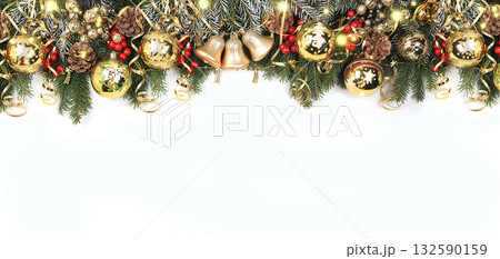 Christmas and New Year mockup for design, screen banner, festive background with fir branches, pine cones and decorations with place for text, postcard, selective focus Christmas and New Year mockup for design, screen banner, festive background with fir branches, pine cones and decorations with place for text, postcard, selective focus 132590159