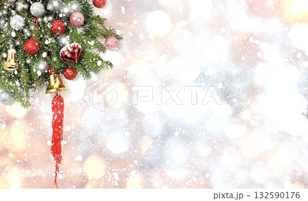 Happy new year 2023. Christmas decorations, creative background with Christmas decorations, balls and fir branches with lights and snow, greeting cards, display banner with place for text, Happy new year 2023. Christmas decorations, creative background with Christmas decorations, balls and fir branches with lights and snow, greeting cards, display banner with place for text, 132590176