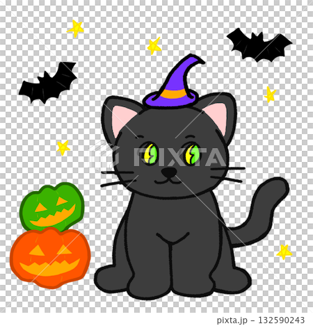紫の帽子をかぶった黒猫とおばけかぼちゃ＆星空に飛ぶコウモリのハロウィンイラスト 132590243
