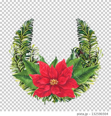 Red poinsettia in Christmas semicircular bouquet. Red and green watercolors gives warmth. Flowers, berries, holly leaves, fir branches for your home, shop, table setting, sticker, scrapbook, gift card Red poinsettia in Christmas semicircular bouquet. Red and green watercolors gives warmth. Flowers, berries, holly leaves, fir branches for your home, shop, table setting, sticker, scrapbook, gift card 132590304